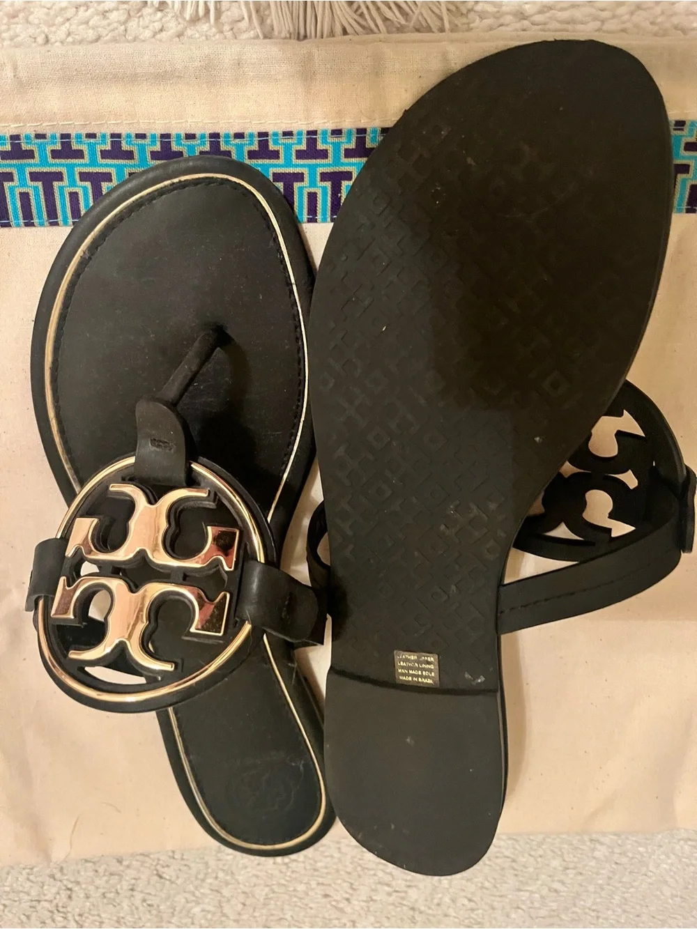 Tory Burch Black Sandals with Gold Logo Medallions